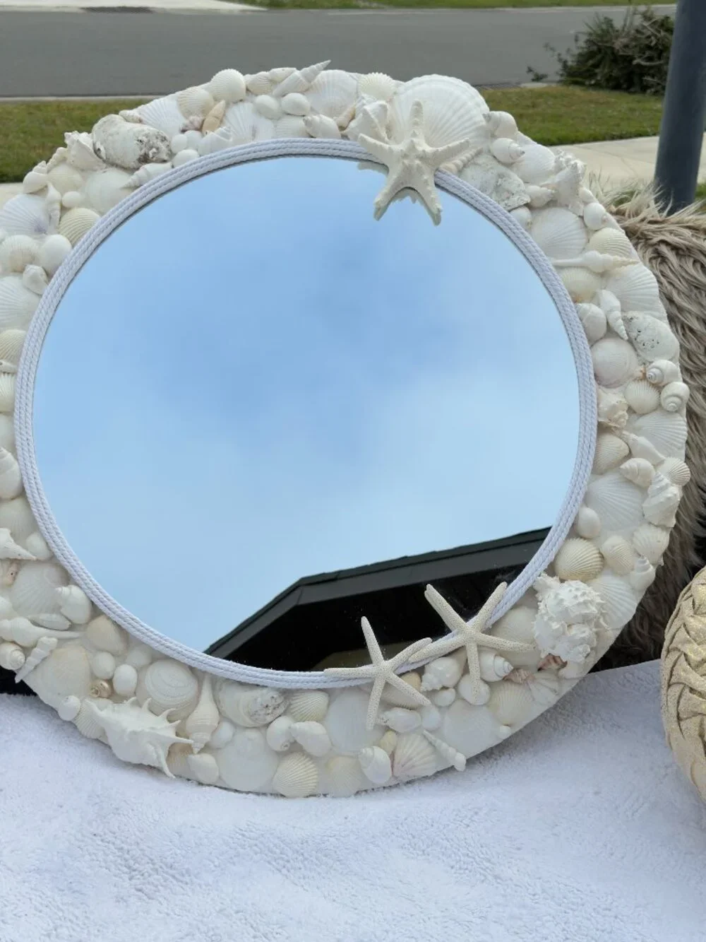 Handmade White Seashell Mirror — Coastal Boho Wall Decor